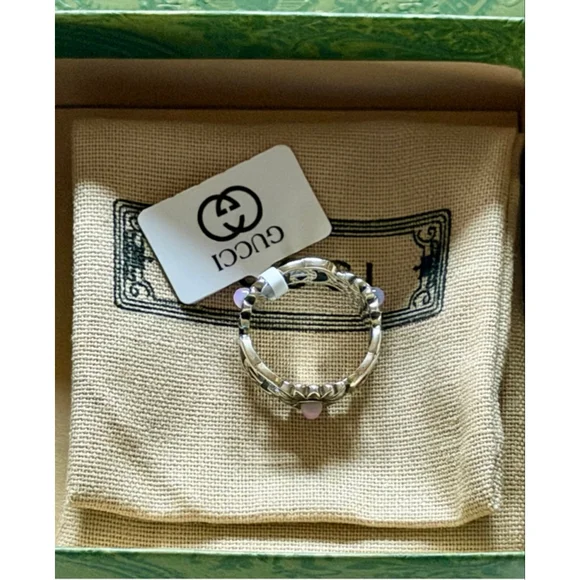 Gucci Silver Ring with Pink Stones G Logo Size 6